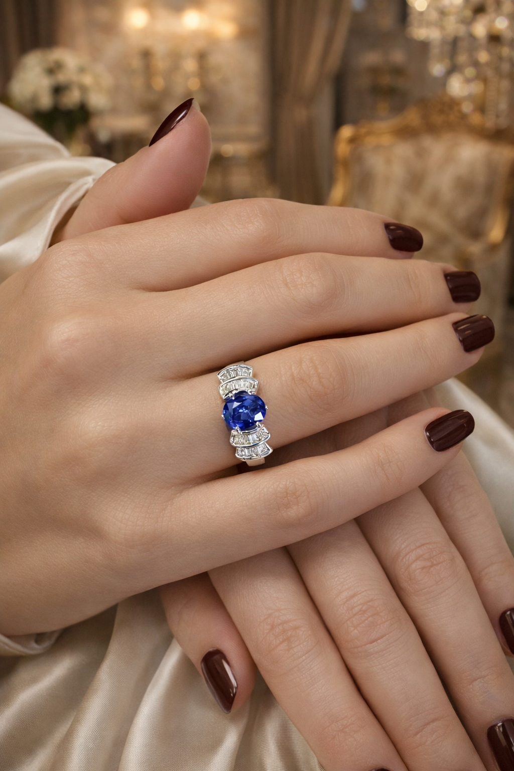 Bague en or blanc, saphir, et diamants
