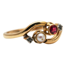 Bague Toi & Moi en or jaune, perle, rubis et diamants