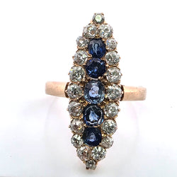 Bague Marquise en or jaune, saphirs et diamants