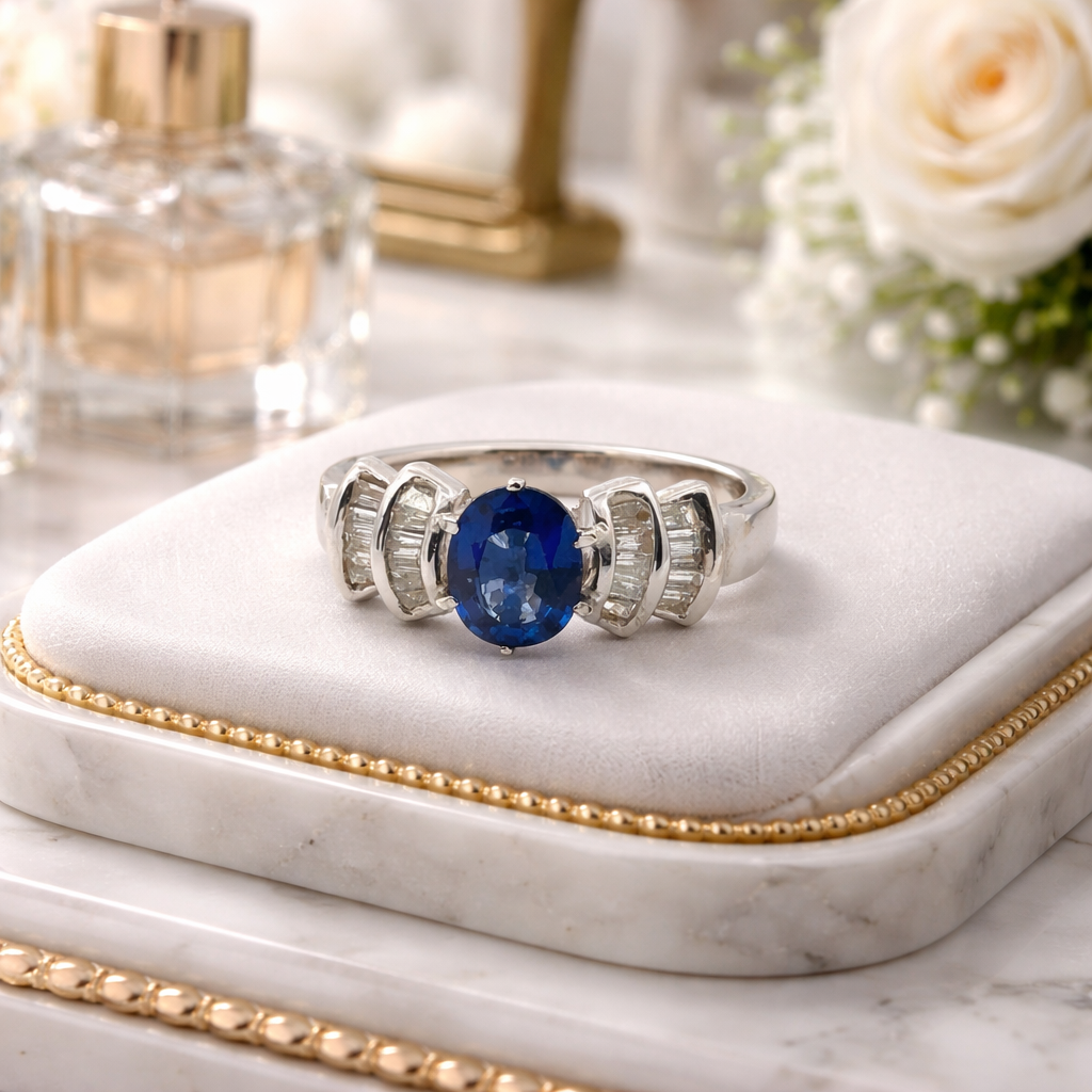 Bague en or blanc, saphir, et diamants
