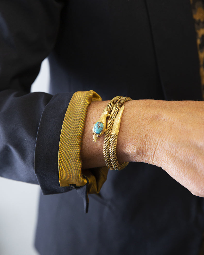 Bracelet double tubogas en or jaune et turquoise