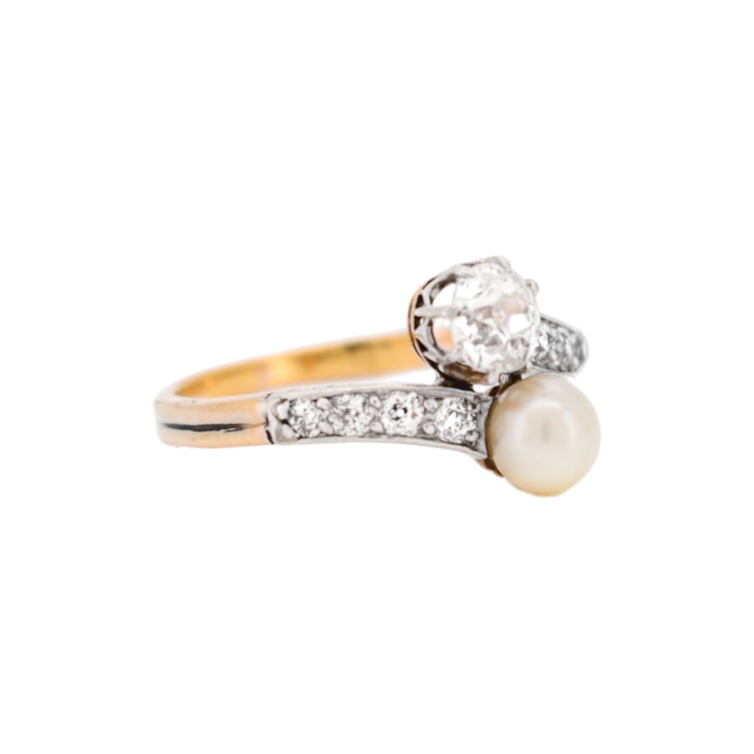 Bague Toi & Moi en or jaune, platine, perle et diamants