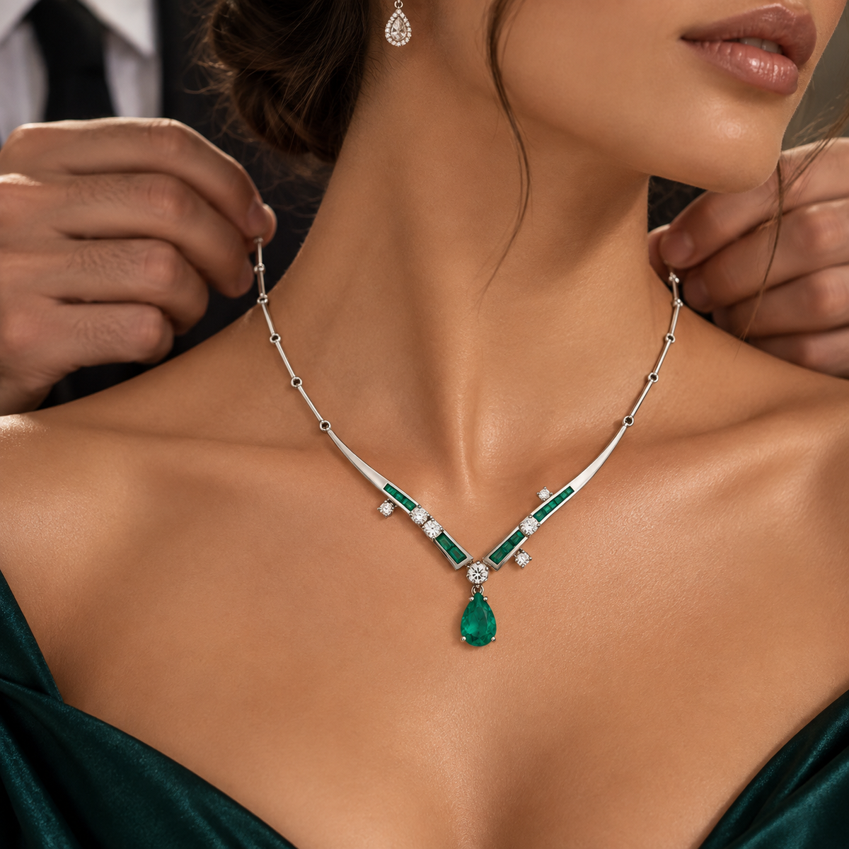 Collier Pendentif en or blanc, émeraudes et diamants