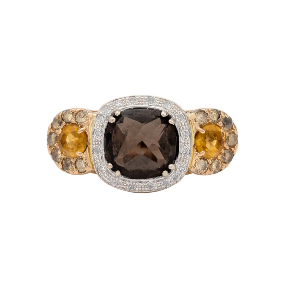Bague Trilogie en or blanc, or rose, quartz, citrines et diamants