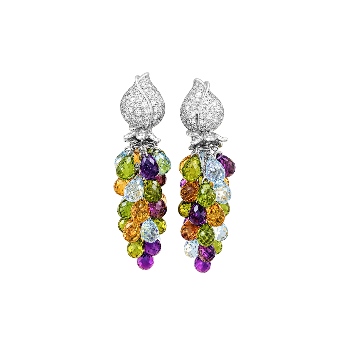 Boucles d'oreilles Pendantes en or blanc, améthystes, citrines, topazes, péridots et diamants