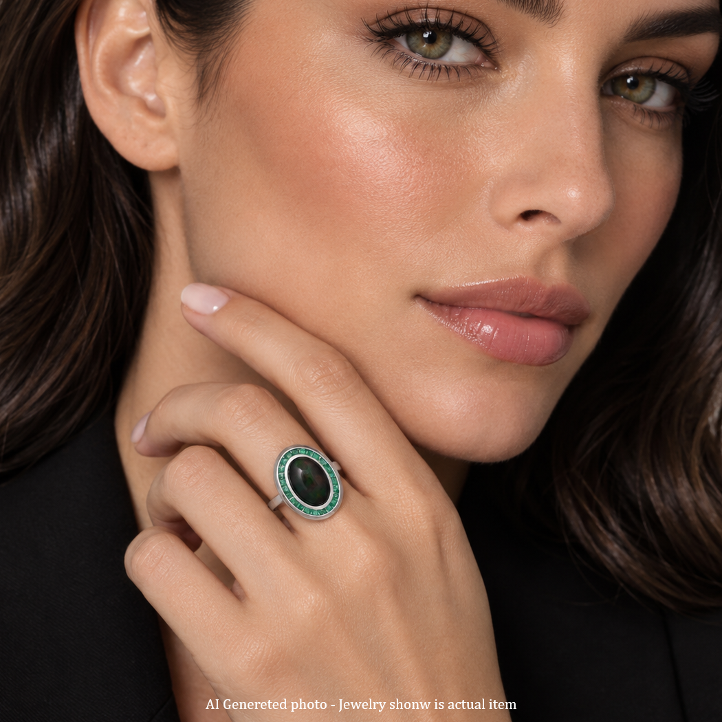 Bague Cocktail en platine, opale et émeraudes