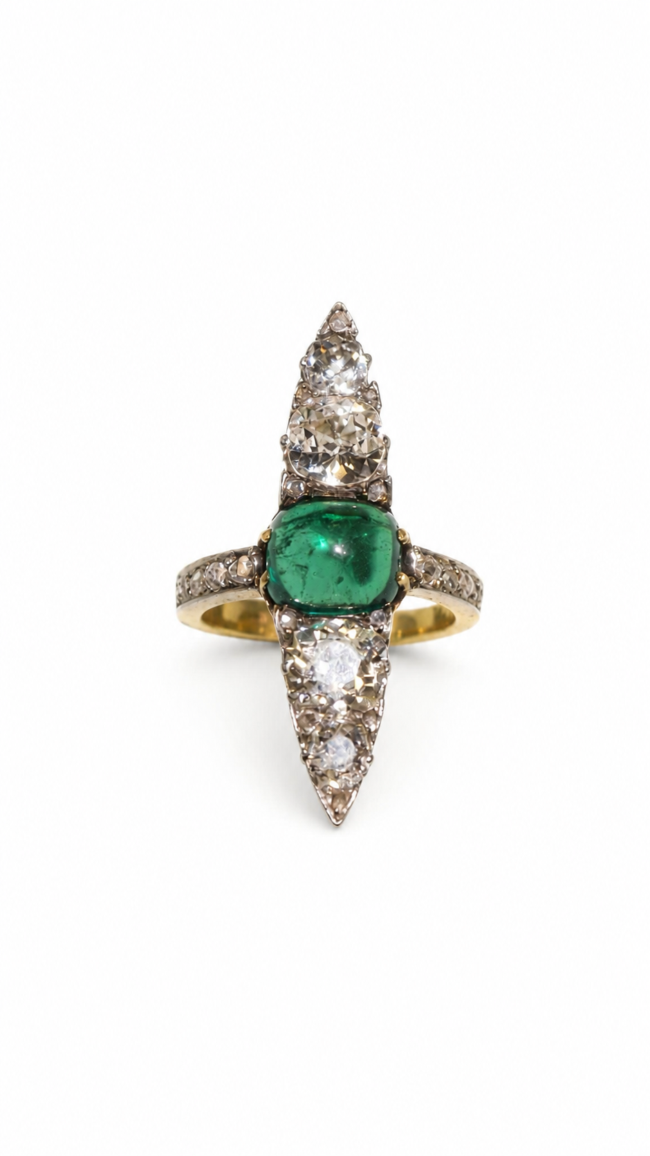 Bague Marquise en or jaune, platine, émeraude et diamants