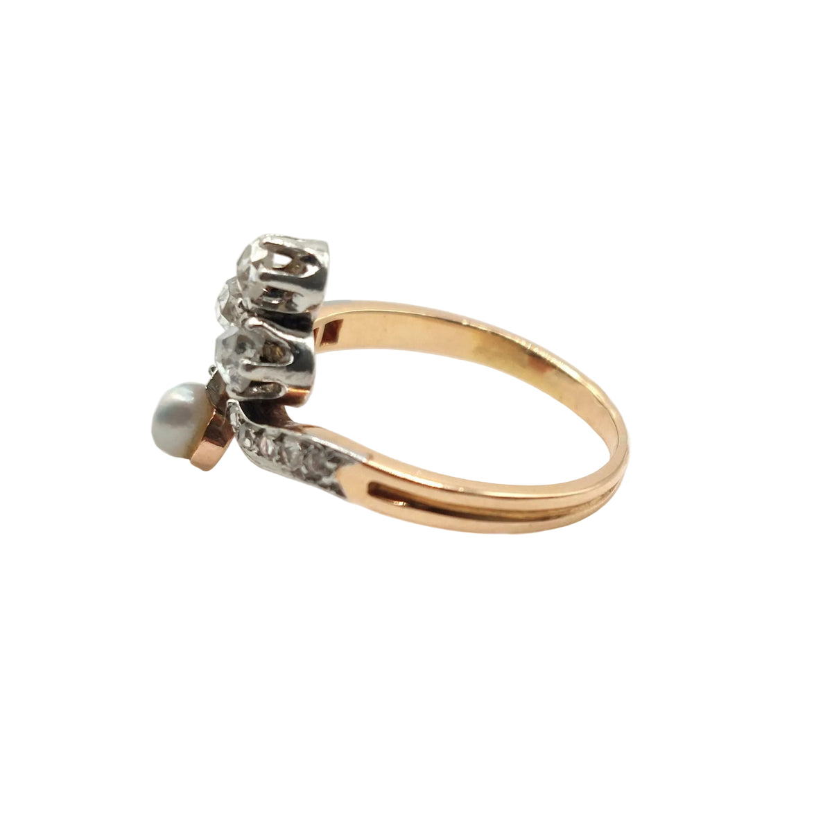 Bague en or rose, platine, perle et diamants