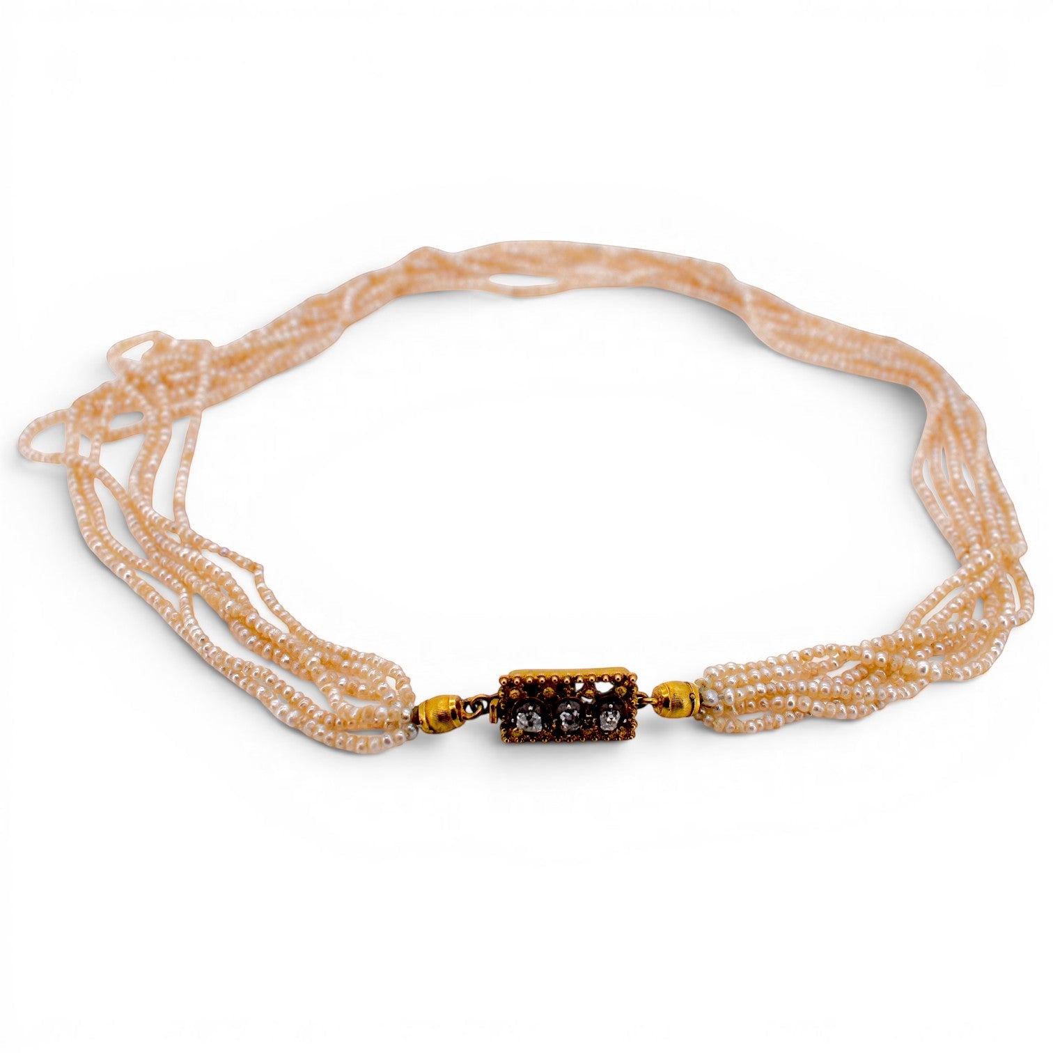 Collier Ras de Cou en or jaune, perles et diamants