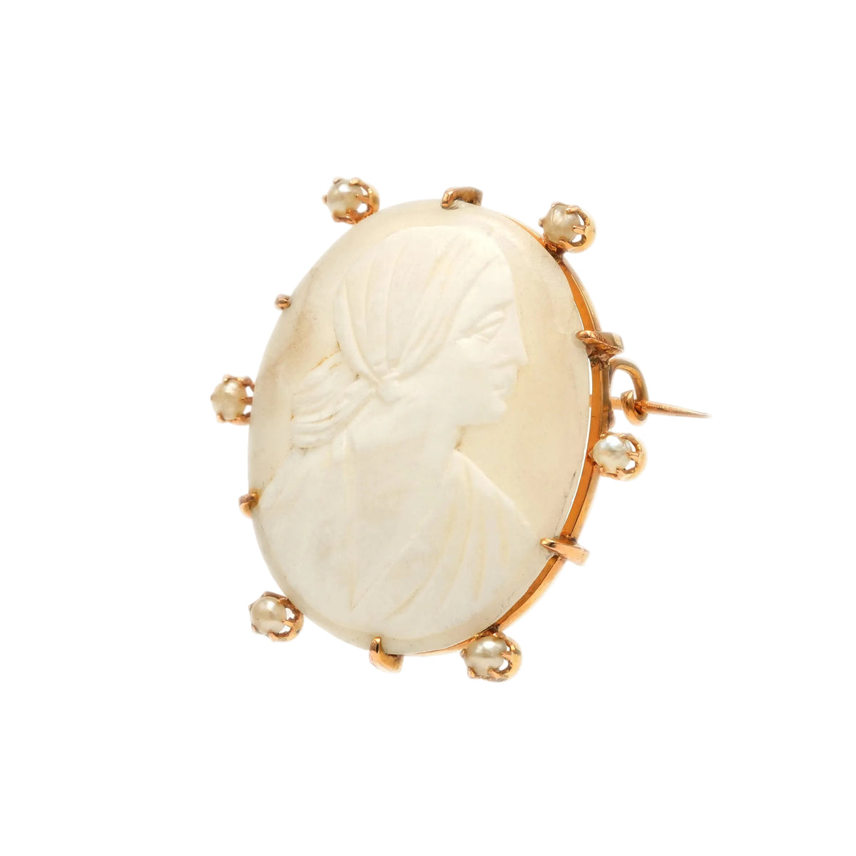 Broche Épingle en or jaune, perles et camée