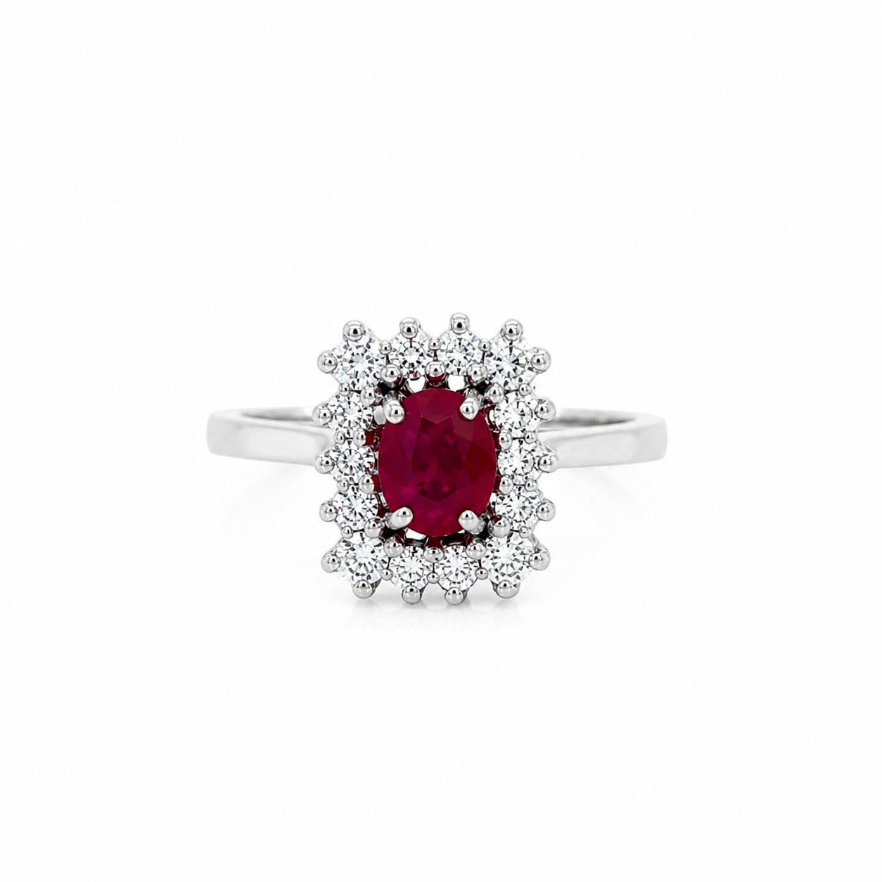 Bague Entourage en or blanc, rubis et diamants