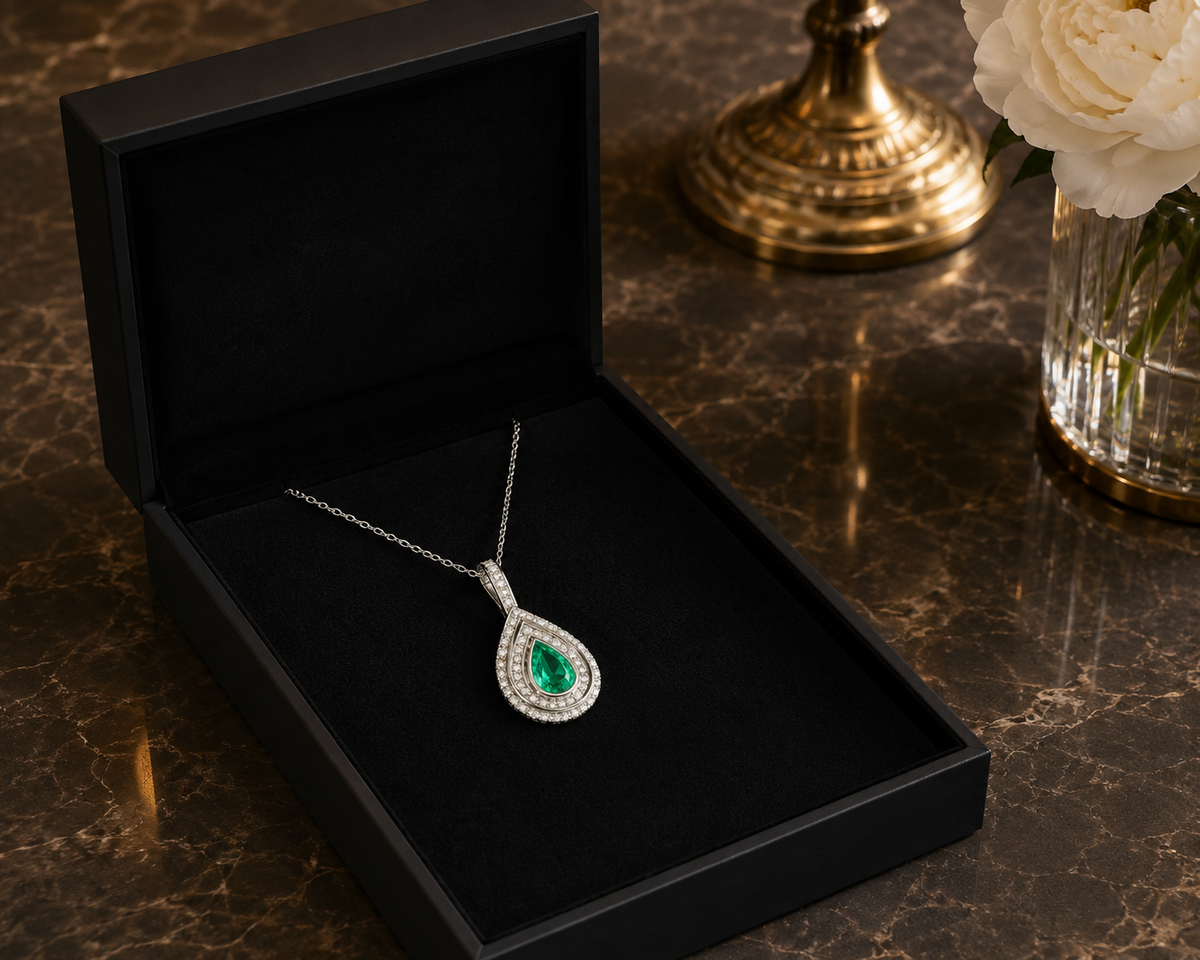 Pendentif en or blanc, émeraude et diamants
