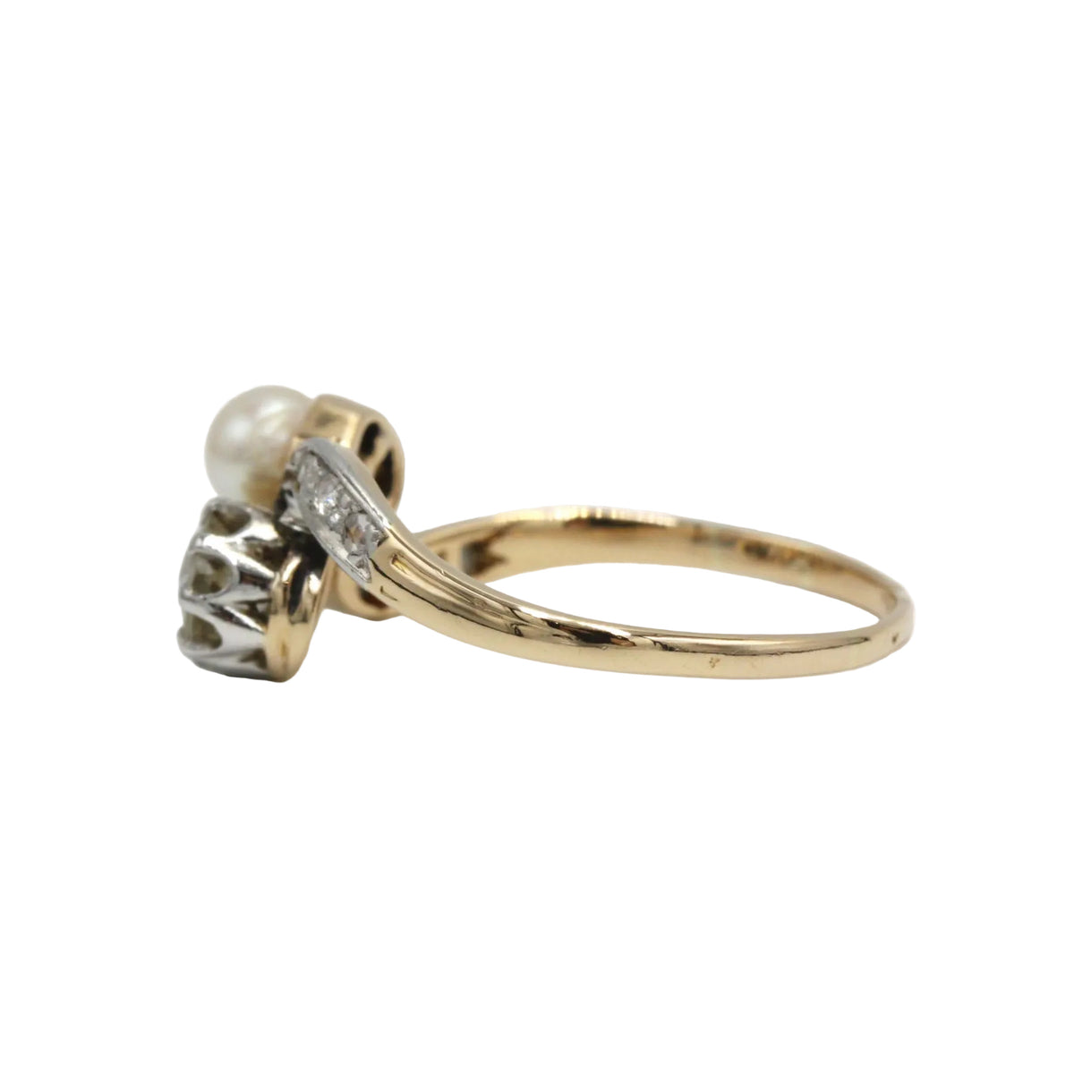 Bague Toi & Moi en or jaune, platine, perle, et diamants