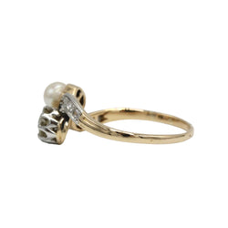 Bague Toi & Moi en or jaune, platine, perle, et diamants