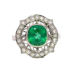 Bague Cocktail en platine, émeraude et diamants