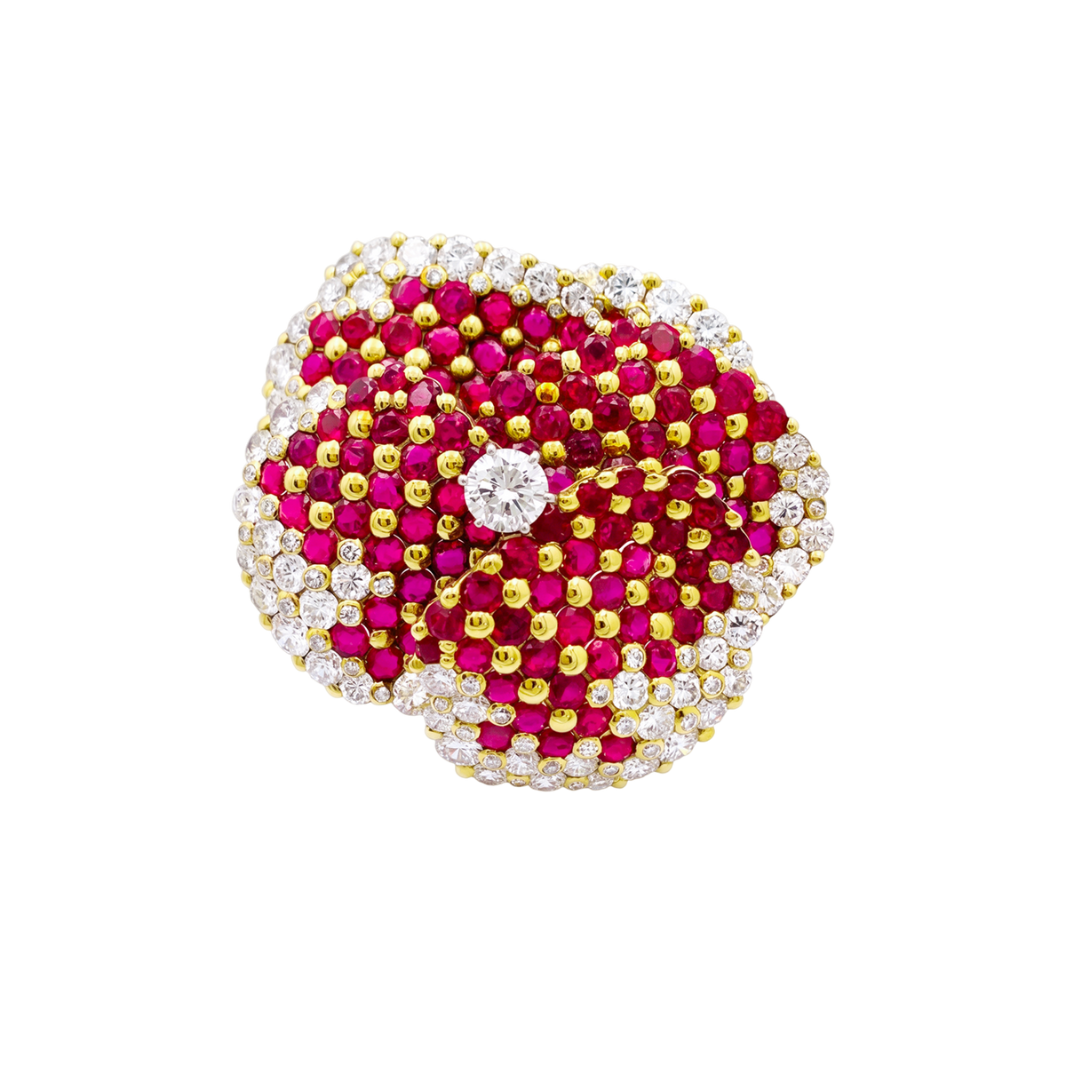 Broche Clip "Pensée" en or jaune, rubis et diamants