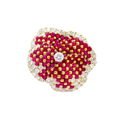 Broche Clip "Pensée" en or jaune, rubis et diamants