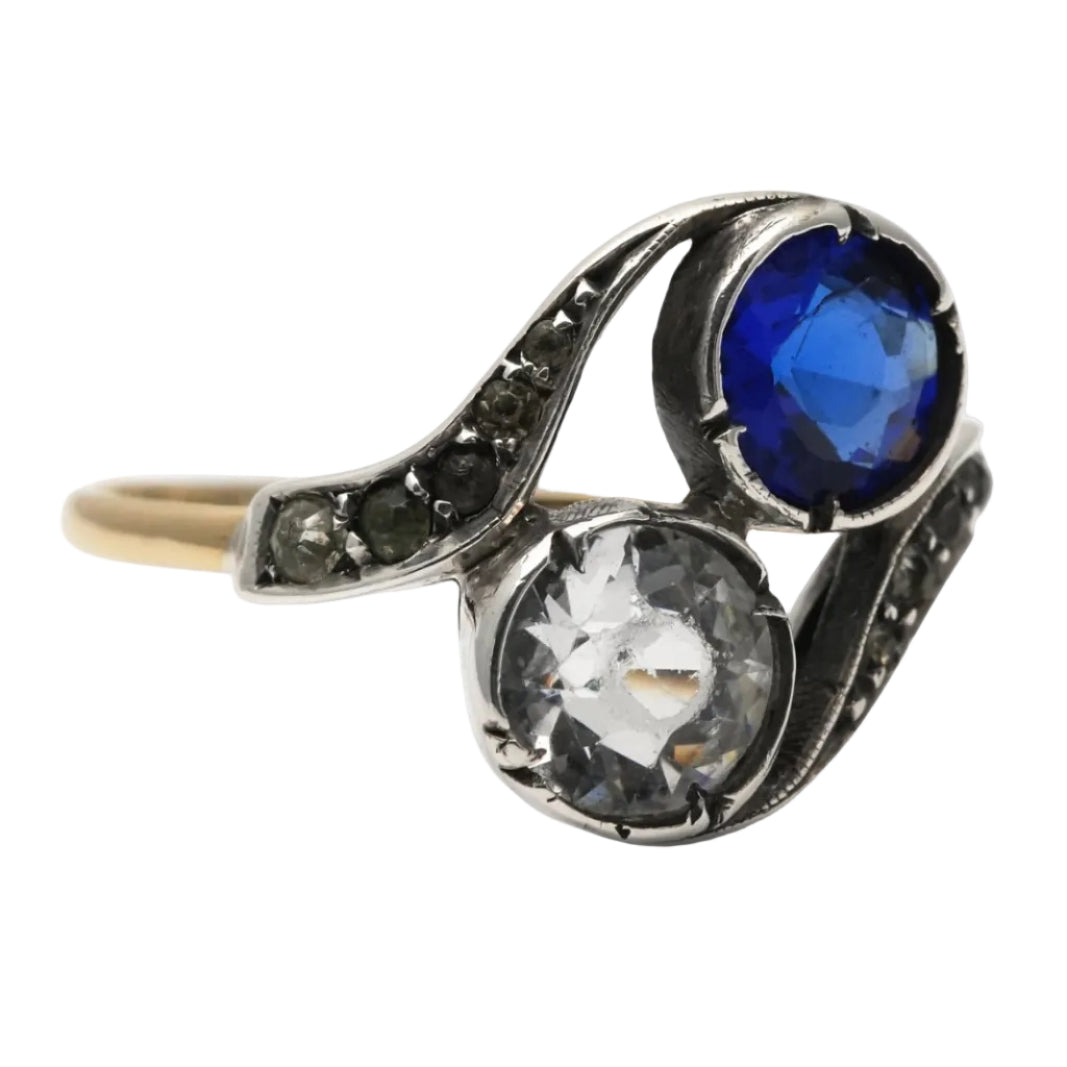 Bague Toi & Moi en or jaune, argent, saphir et strass
