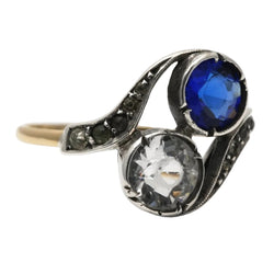 Bague Toi & Moi en or jaune, argent, saphir et strass
