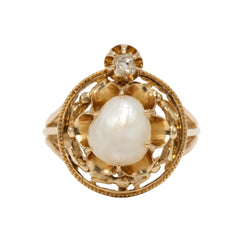 Bague Cocktail en or jaune, perle et diamant