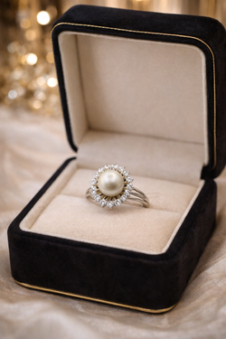 Bague Entourage en on blanc, perle et diamants
