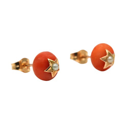 Boucles d'oreilles Puces en or jaune, corail et perles