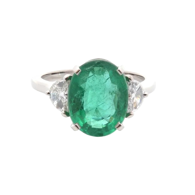Bague Trilogie en platine, émeraude et diamants