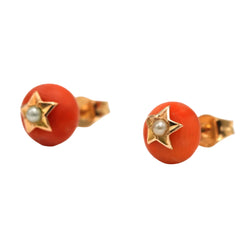 Boucles d'oreilles Puces en or jaune, corail et perles