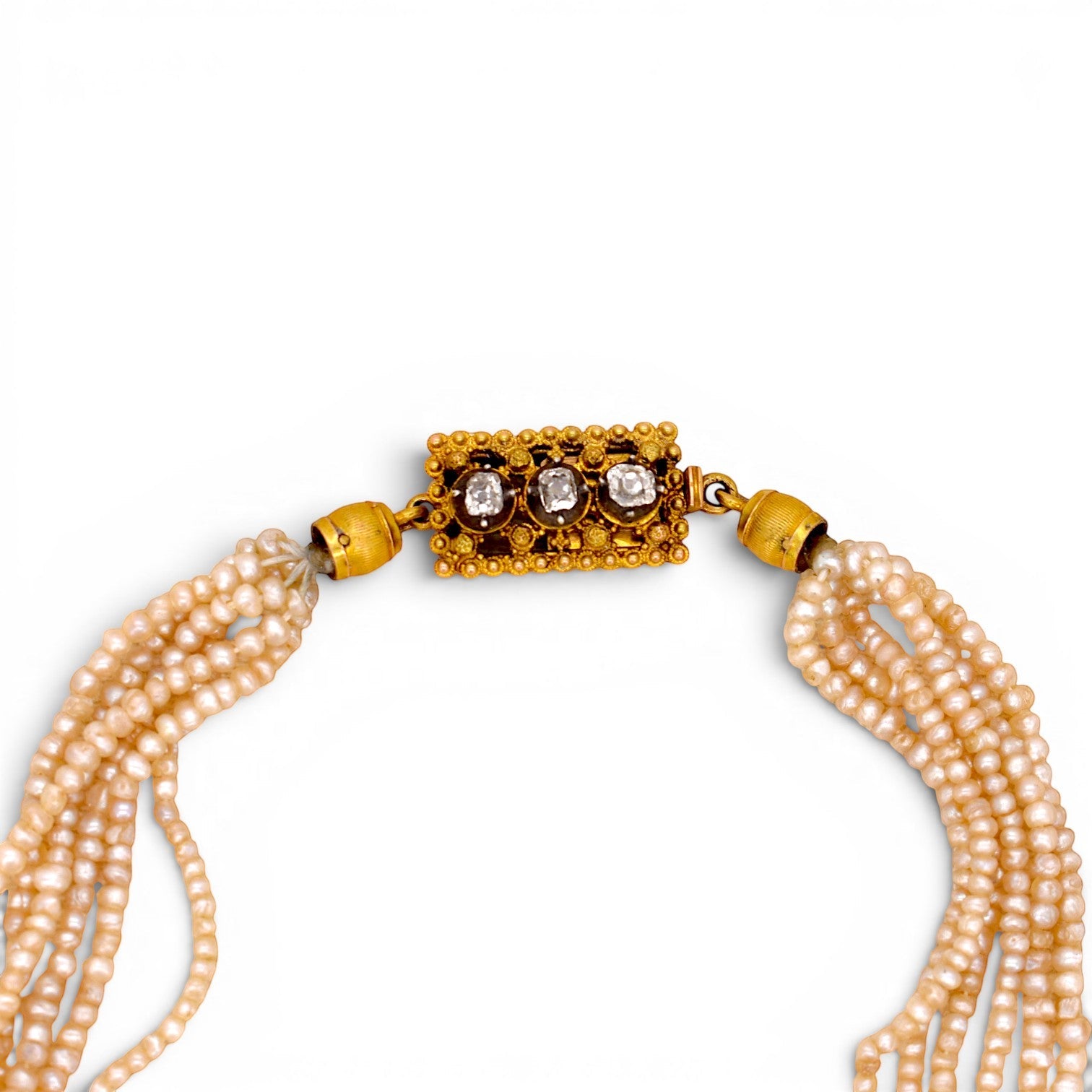 Collier Ras de Cou en or jaune, perles et diamants