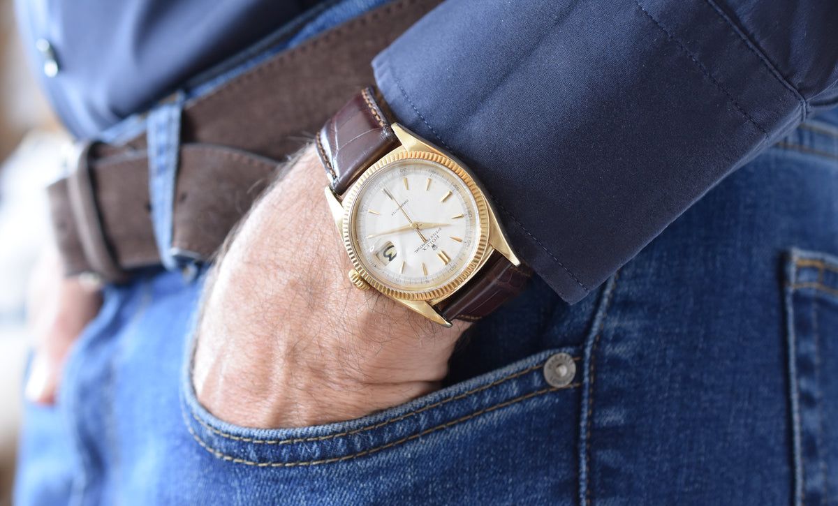 Montre ROLEX "Oyster Perpetual Date Ovettone" en or jaune et cuir