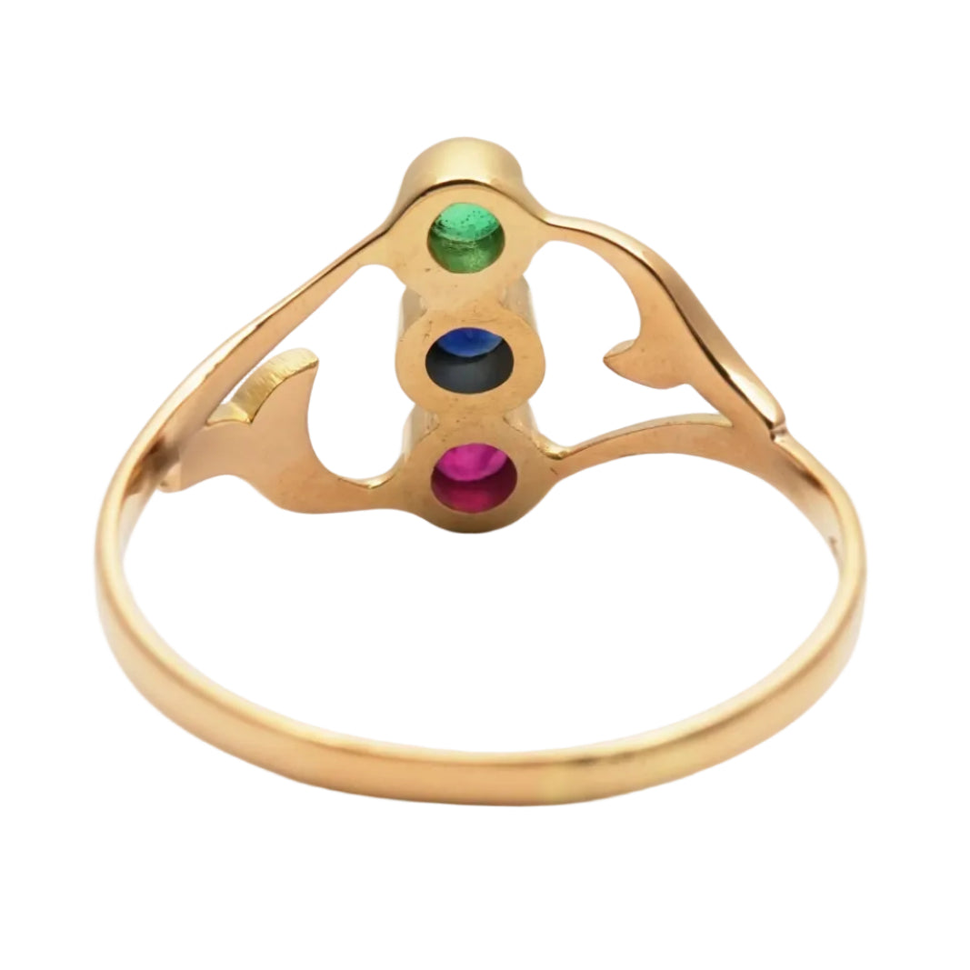 Bague Trilogie en or jaune, émeraude, saphir et rubis