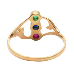 Bague Trilogie en or jaune, émeraude, saphir et rubis