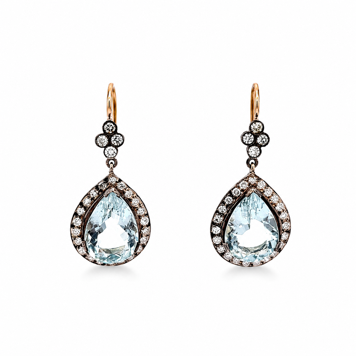 Boucles d'oreilles Pendantes en or jaune, argent, aigues-marines et diamants