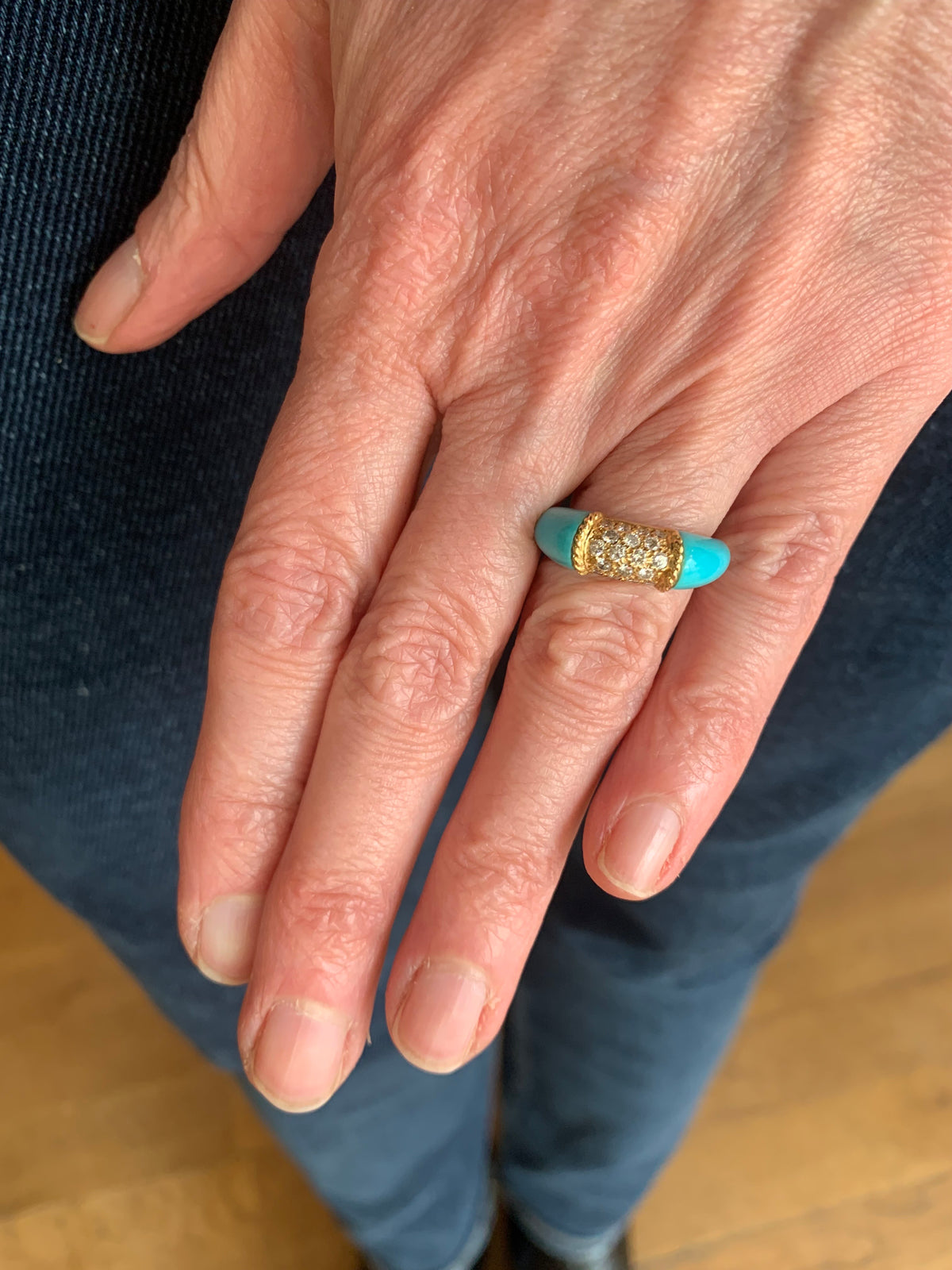 Bague Jonc en or jaune, turquoise et diamants
