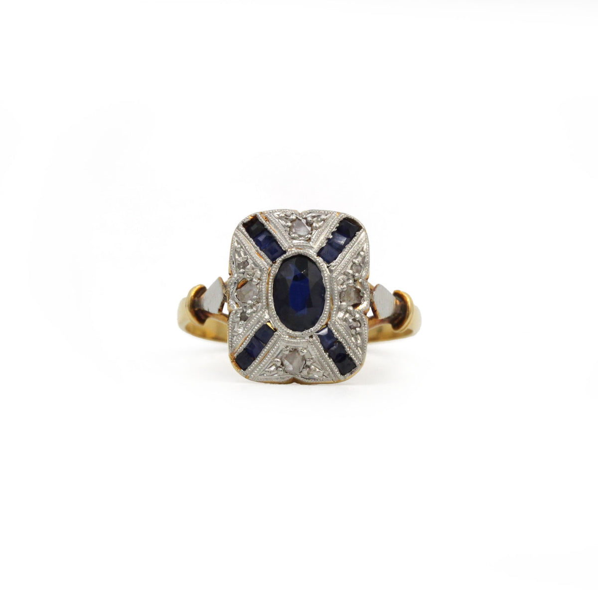 Bague Entourage en or jaune, platine, saphirs et diamants