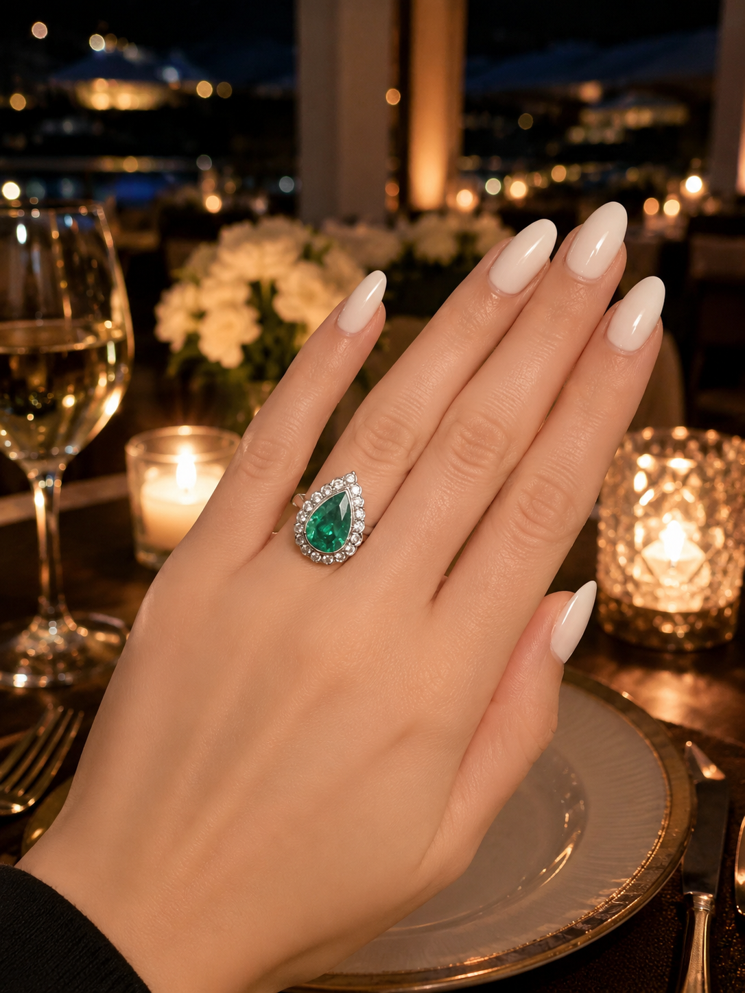 Bague Entourage en platine, émeraude et diamants