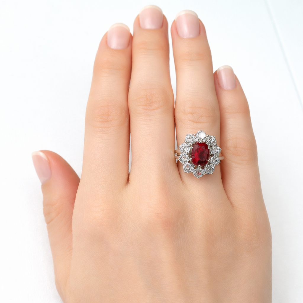 Bague Marguerite en or blanc, rubis et diamants