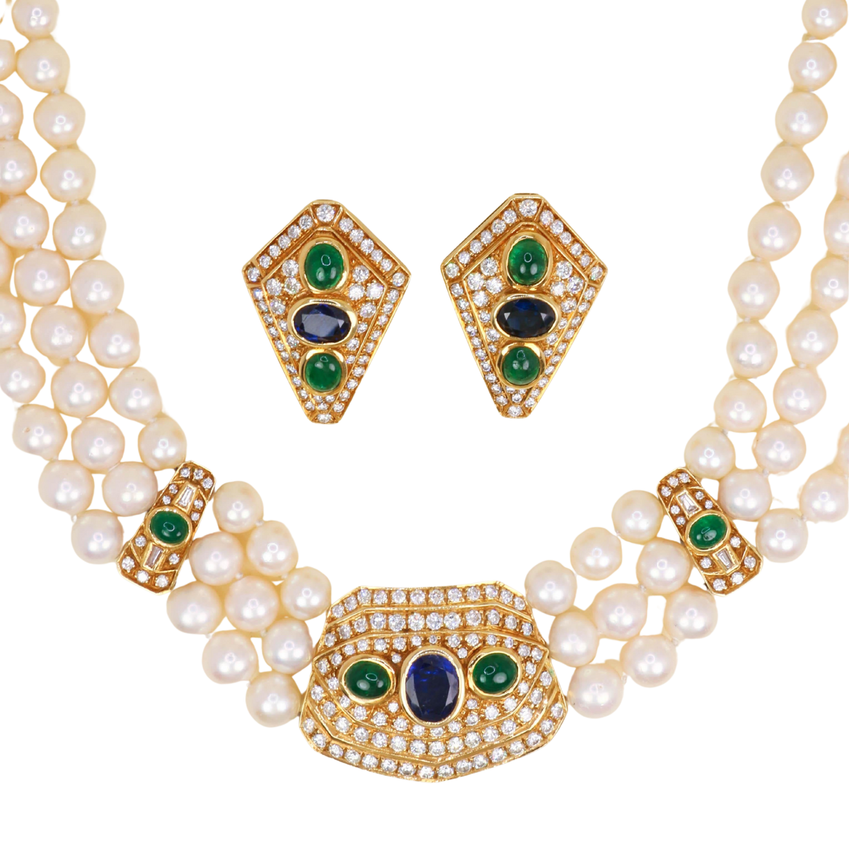 Parure REPOSSI en or jaune, perles, saphirs, émeraudes et diamants