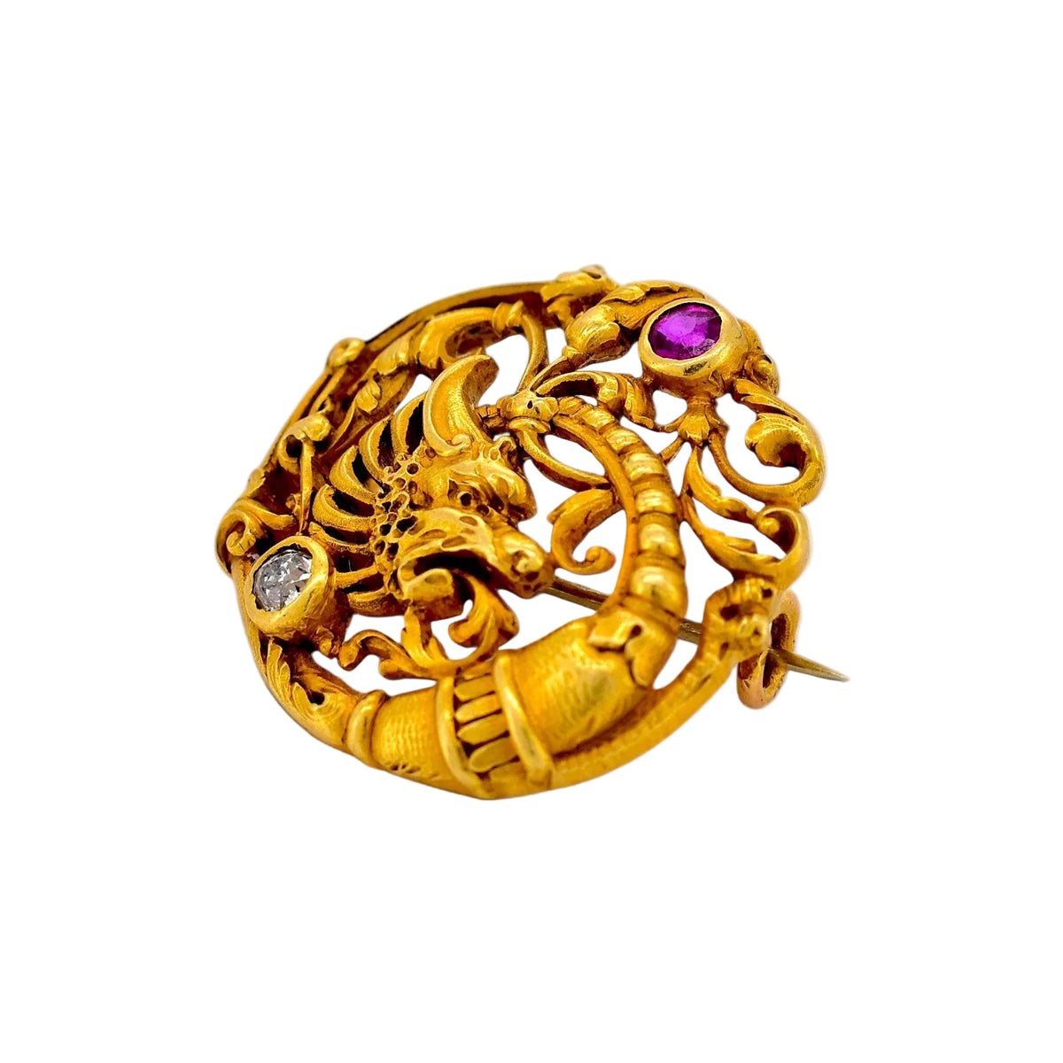 Broche Épingle en or jaune, rubis et diamant