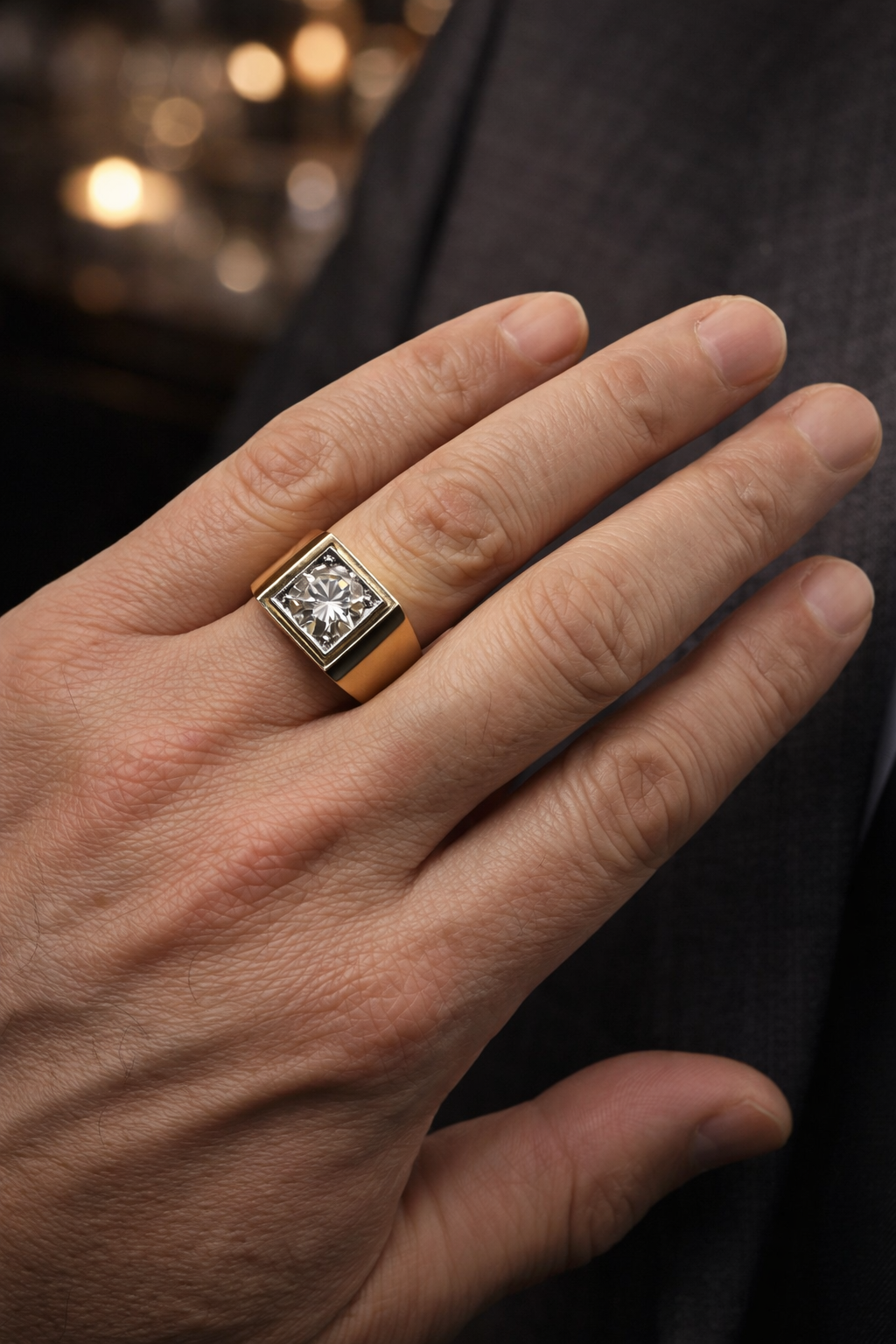 Bague Chevalière en or jaune, platine et diamants