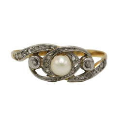 Bague en or jaune, platine, perle et diamants
