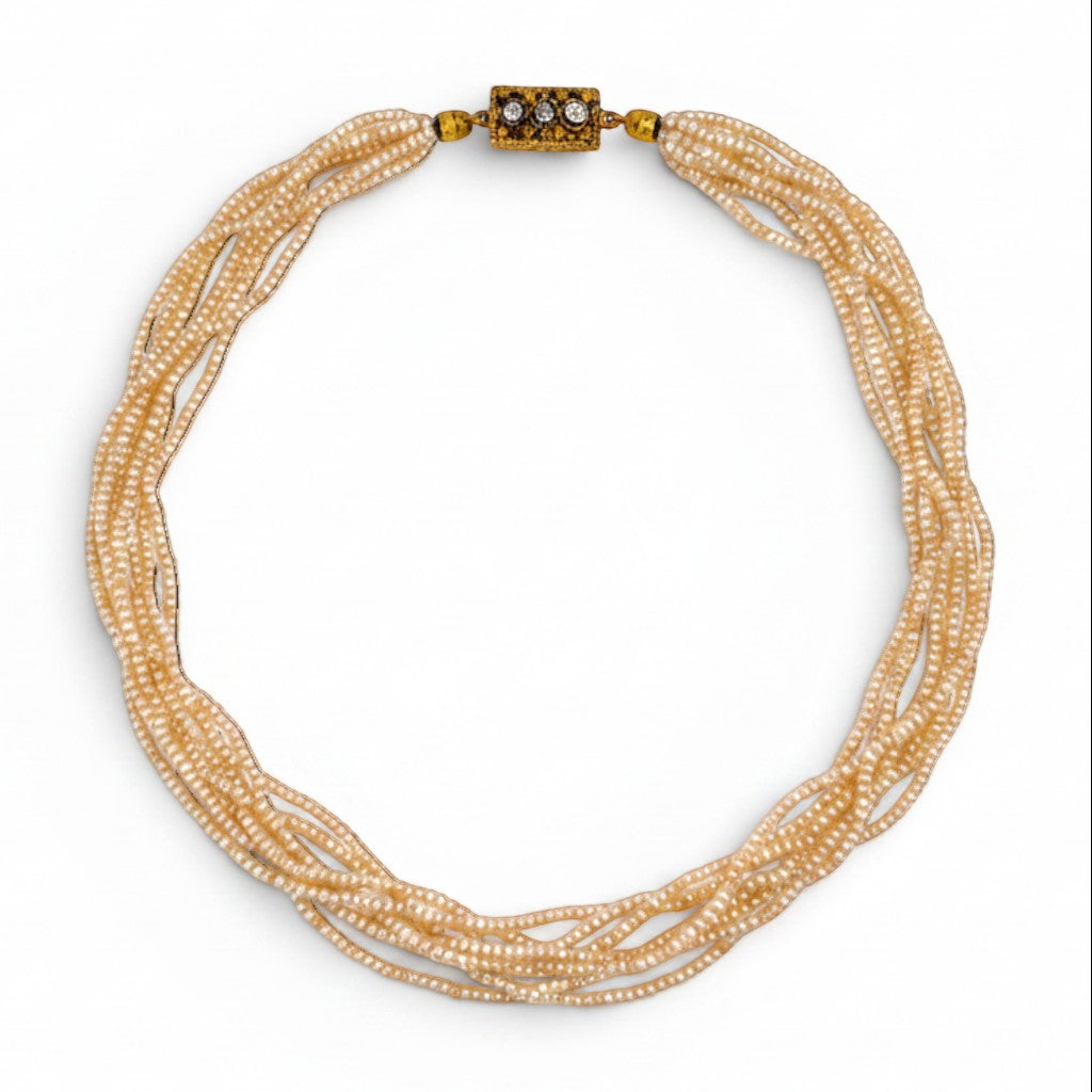 Collier Ras de Cou en or jaune, perles et diamants