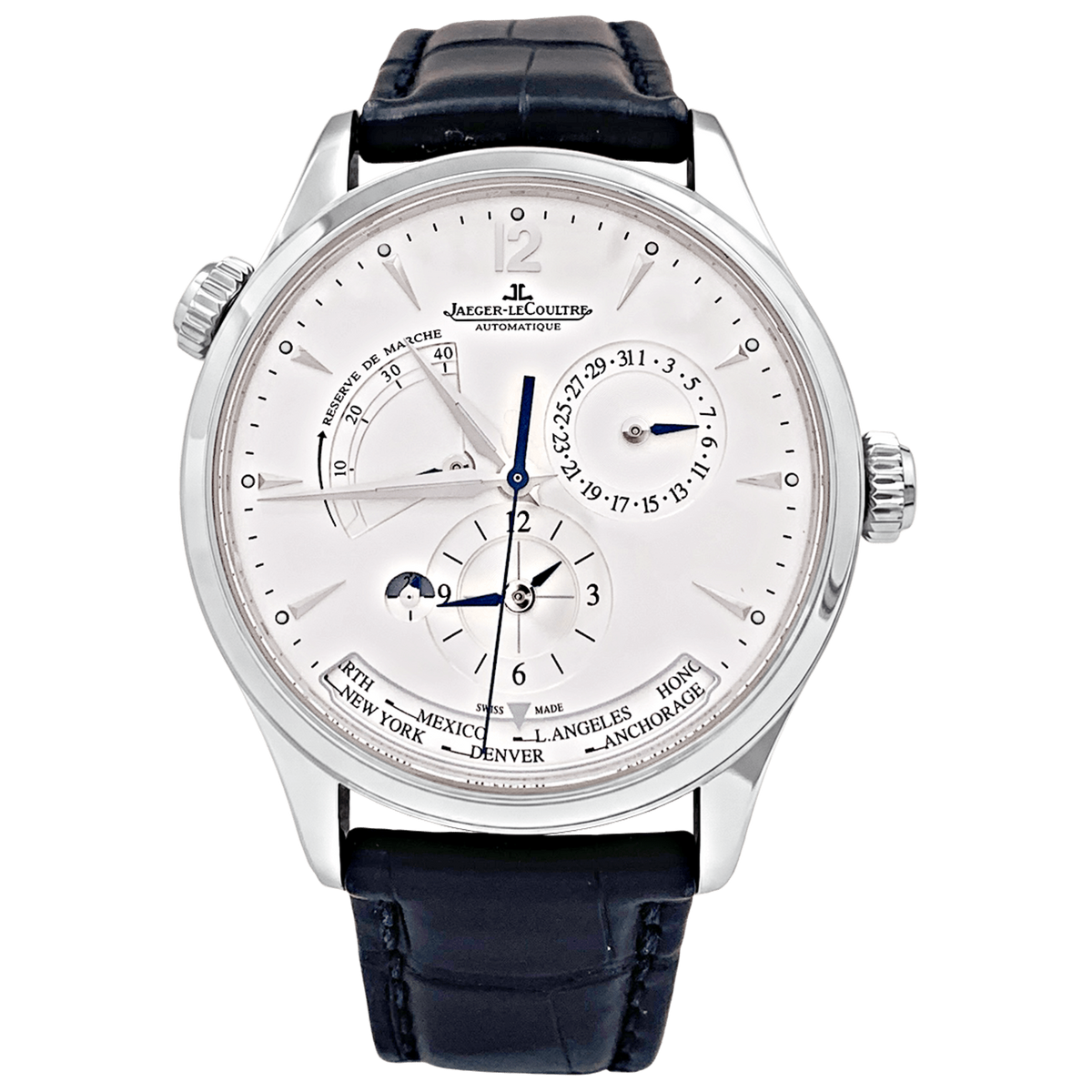 Montre JAEGER-LECOULTRE "Master Control Geographic" en acier et cuir