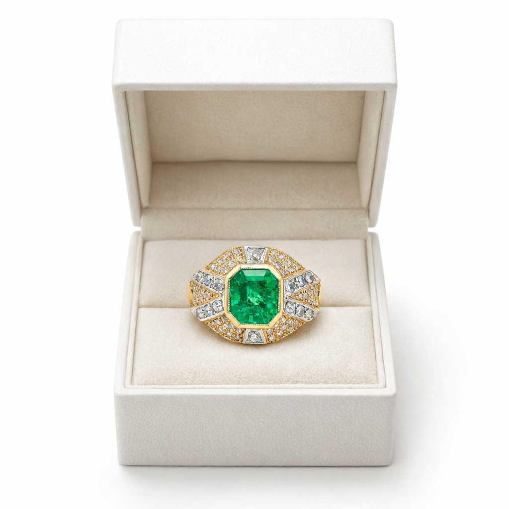 Bague Cocktail en or jaune, or blanc, émeraude et diamants