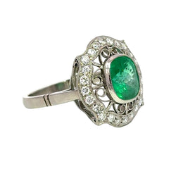 Bague Cocktail en platine, émeraude et diamants