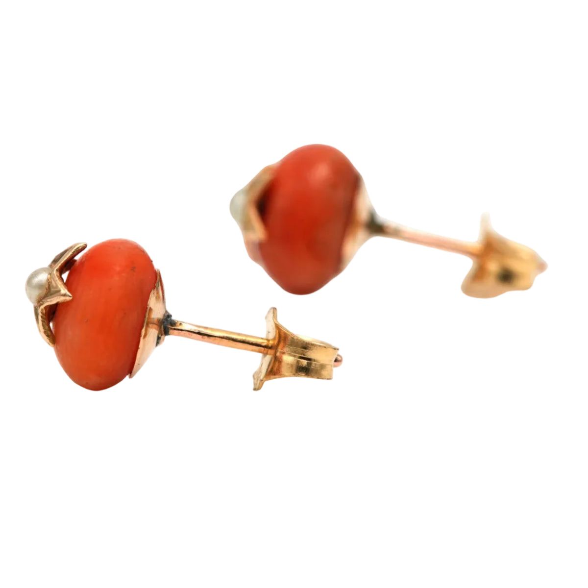 Boucles d'oreilles Puces en or jaune, corail et perles