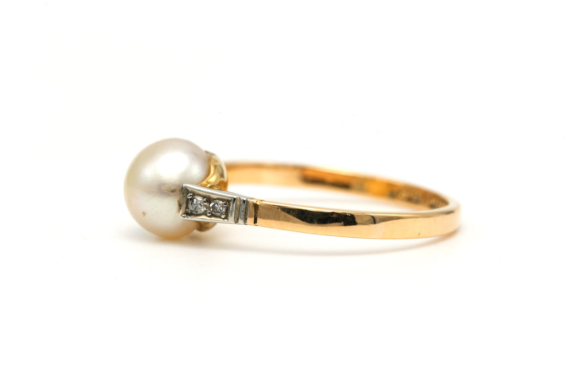 Bague Solitaire en or blanc, or jaune, perle et diamants