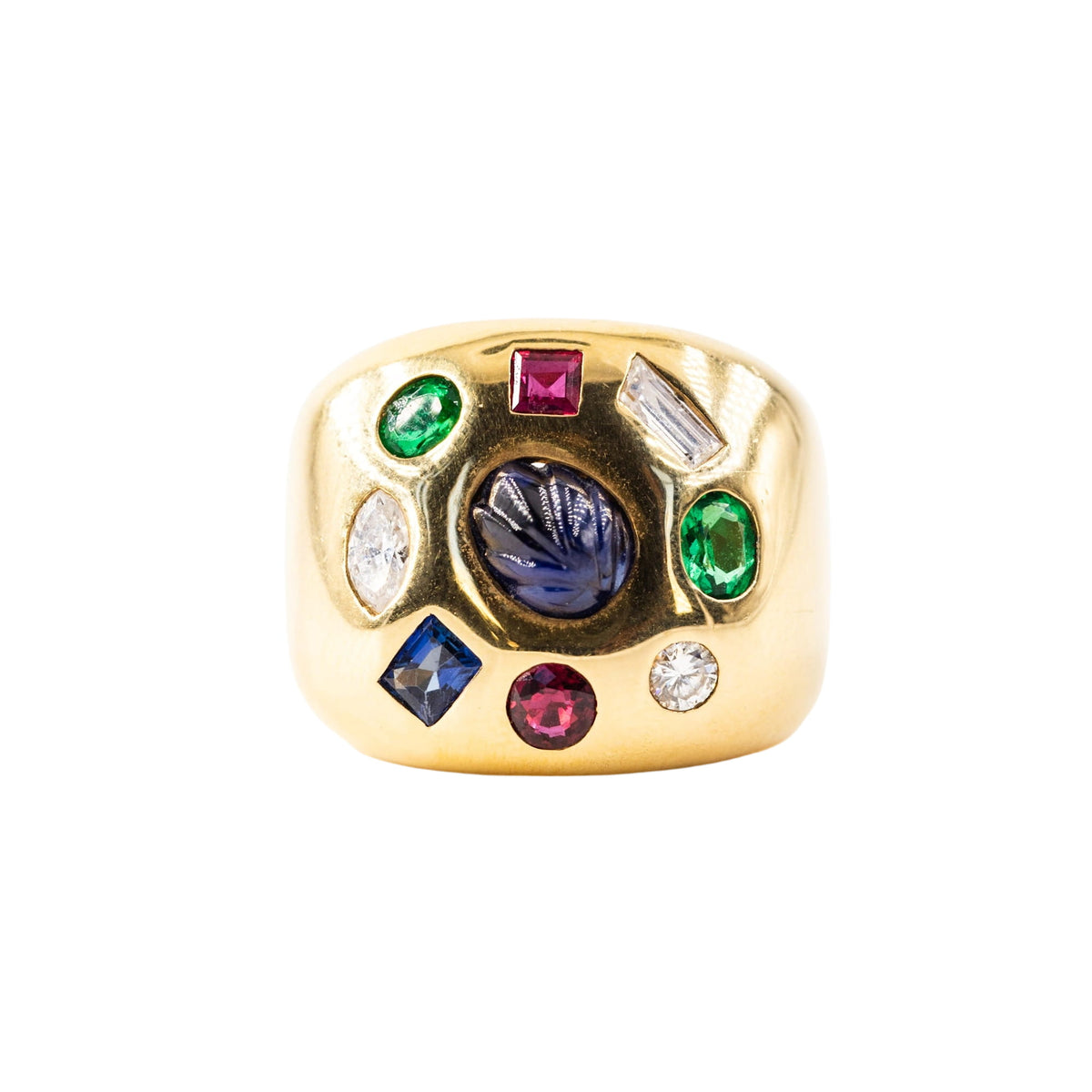 Bague Chevalière en or jaune, émeraudes, rubis, saphirs et diamants