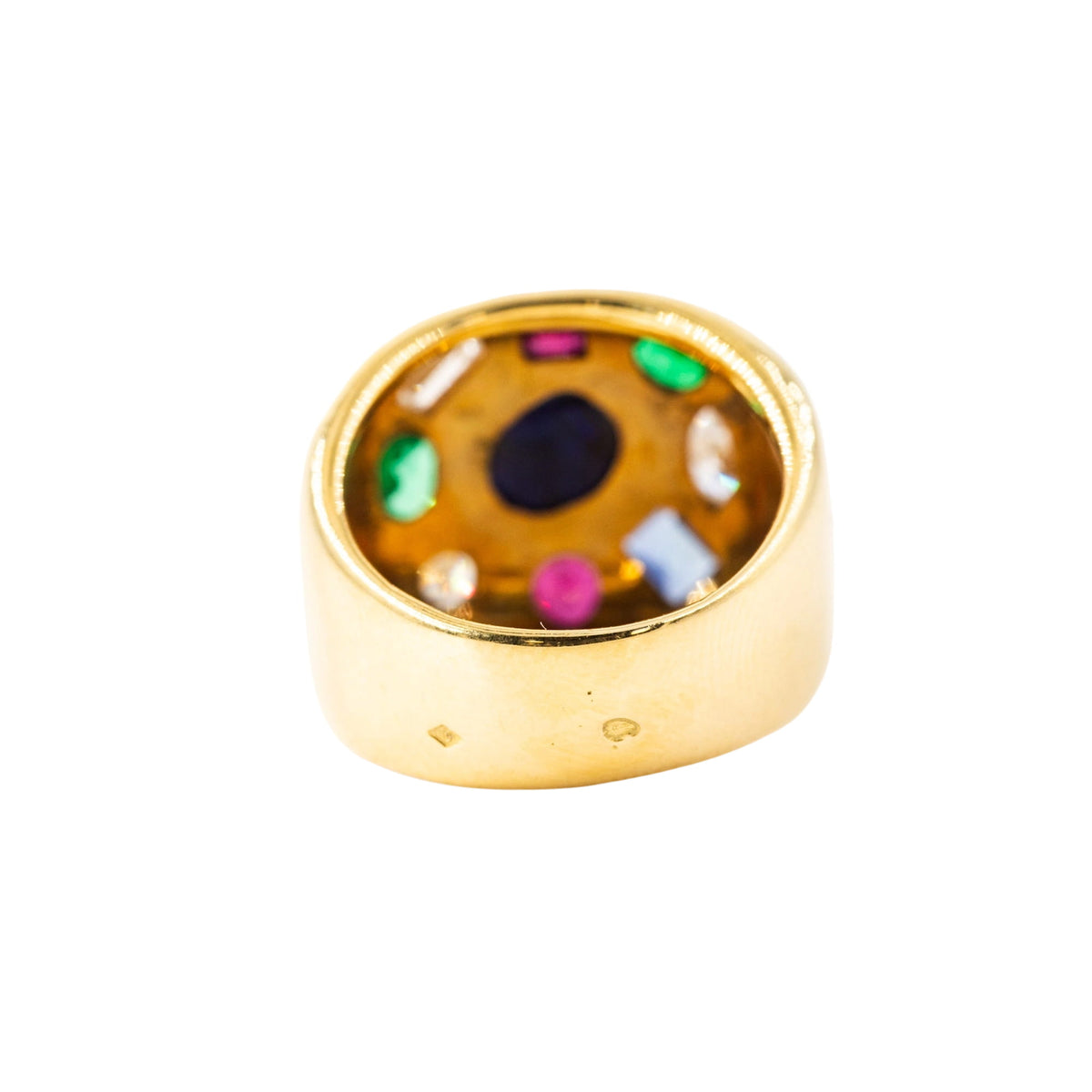 Bague Chevalière en or jaune, émeraudes, rubis, saphirs et diamants