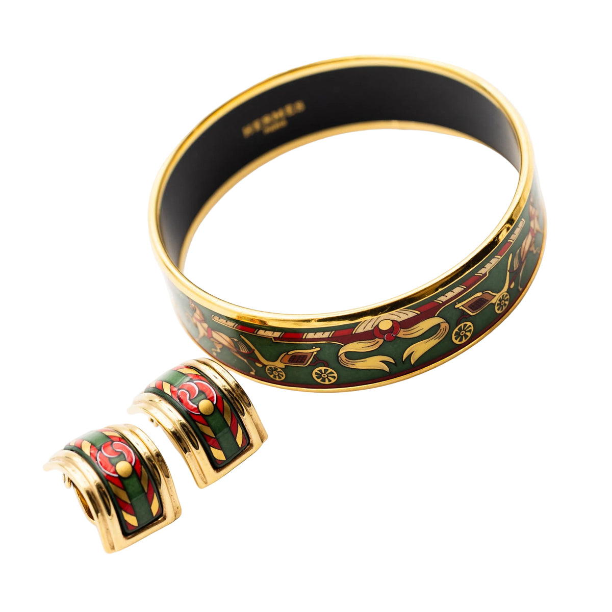 Bracelet et Clips d'oreille HERMÈS en métal doré et émail